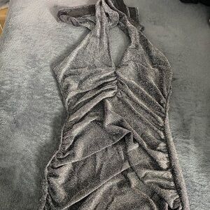 Backless sparkly gray mini dress